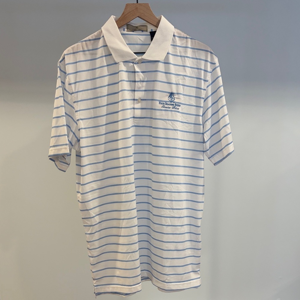 Men's White and Blue Striped Polo Shirt Four Seasons Costa Rica logo